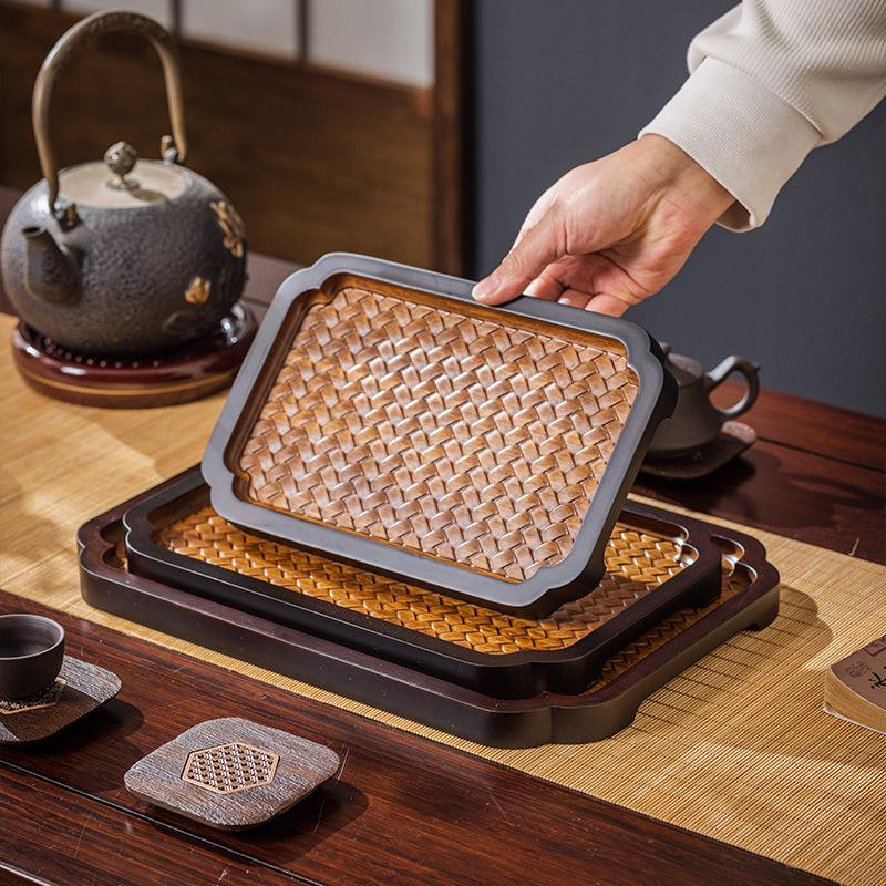1PC Embossed Pattern Tray New Chinese Style Square Round Bamboo Tea Plate Household Desktop Decoration