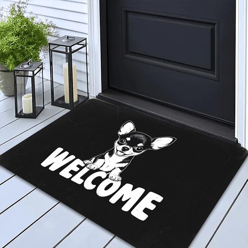 Cute Chihuahua Welcome Mat Non-Slip Polyester Door Mat Adorable Dog Design, for Bedroom, Living Room Entryway, Bathroom Mat
