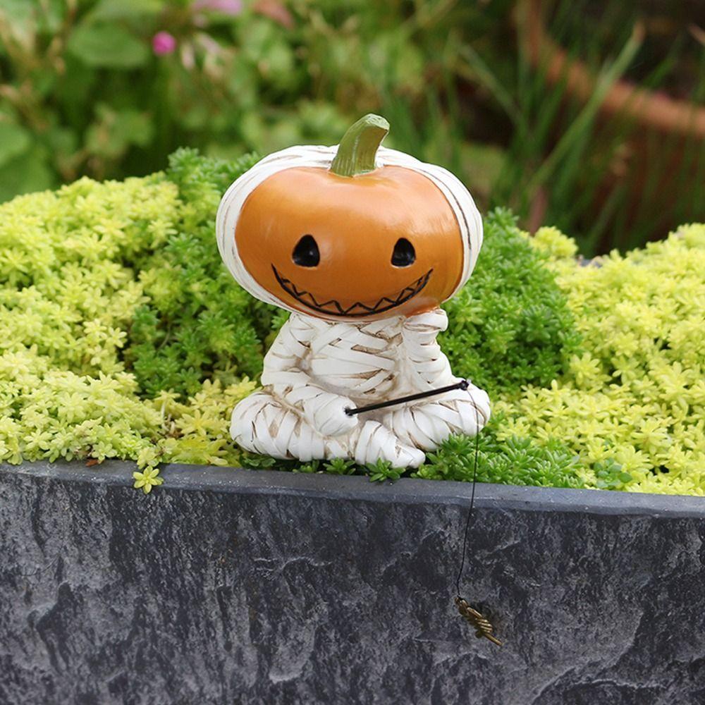 Cartoon Pumpkin Scarecrow Fishing Statue Resin Miniatures Figurine Pumpkin Elf Sculpture  Balcony
