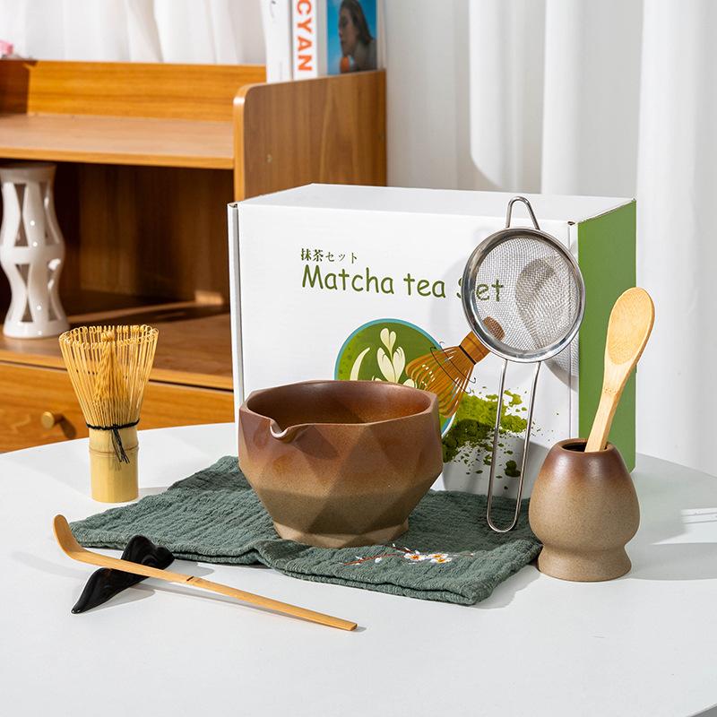 5-8pcs INS coarse pottery gradual change color tea stand matcha bowl set to order tea retro Matcha whisk set of tea tools