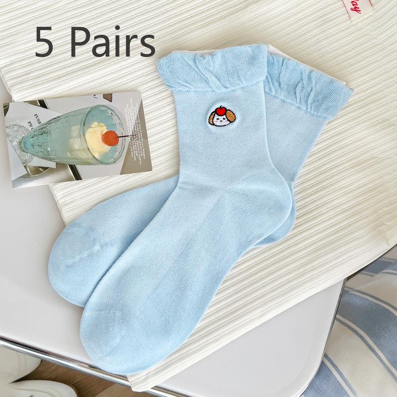 

5 Pairs of Female Spring and Summer Cute Cartoon Mesh Dog Embroidered Tube Socks 5 Pairs синий