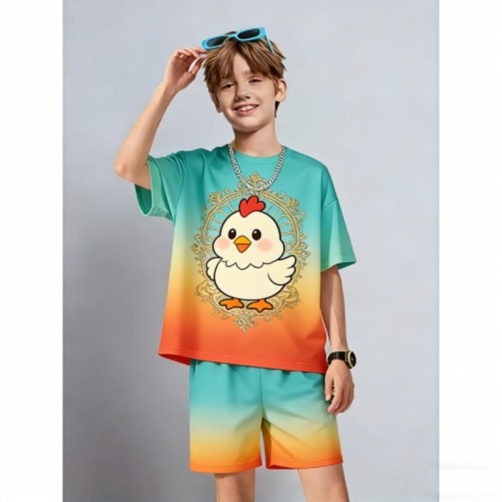 Kids Set Anime Cartoon Chicken Printed Kids T-shirt and Shorts 2 Piece Set Summer Casual Outdoor Boys and Girls Outfit Kids Clothing