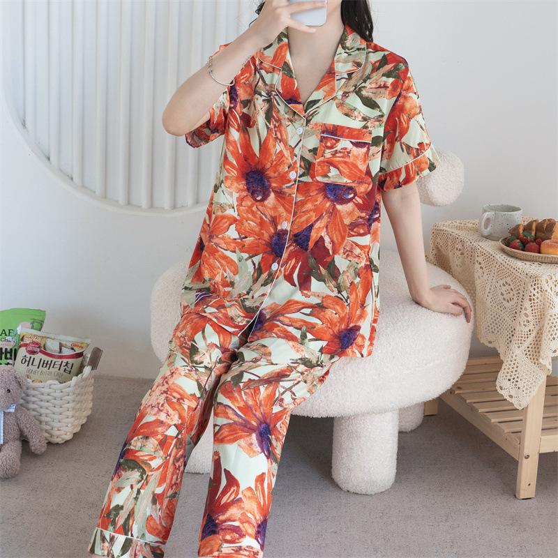 Cotton and silk pajamas women's spring and summer short-sleeved large-size suit spring and autumn thin cartoon printed loungewear