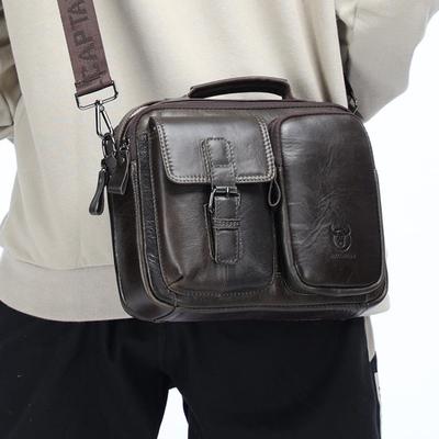 Herr vintage mode äkta läder Sling Bag Casual Stor kapacitet Avtagbar rem En Axelväska