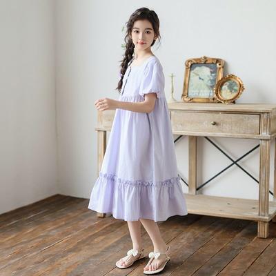 Girls' Fashion Light Purple Dress Summer Children's Elegant Puff Sleeve Cotton Dress