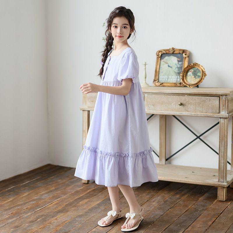Girls' Fashion Light Purple Dress Summer Children's Elegant Puff Sleeve Cotton Dress