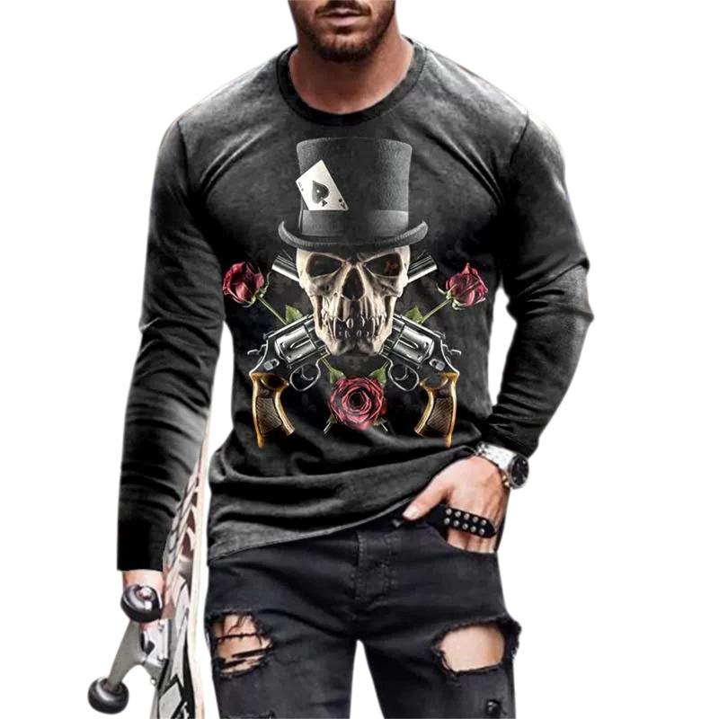 Sports Men's Long-sleeved T-shirt Men's Casual Light Street Hip-hop T-shirt 3d Skull Retro Print Casual Street Wear
