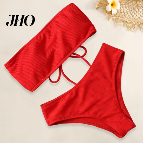 Bikini Set 1 Women Beach Suit with Chest Pad No Underwire Solid Color Elastic Female Bandeau High Waist Bathing Two-piece Swimming Trunks Split
