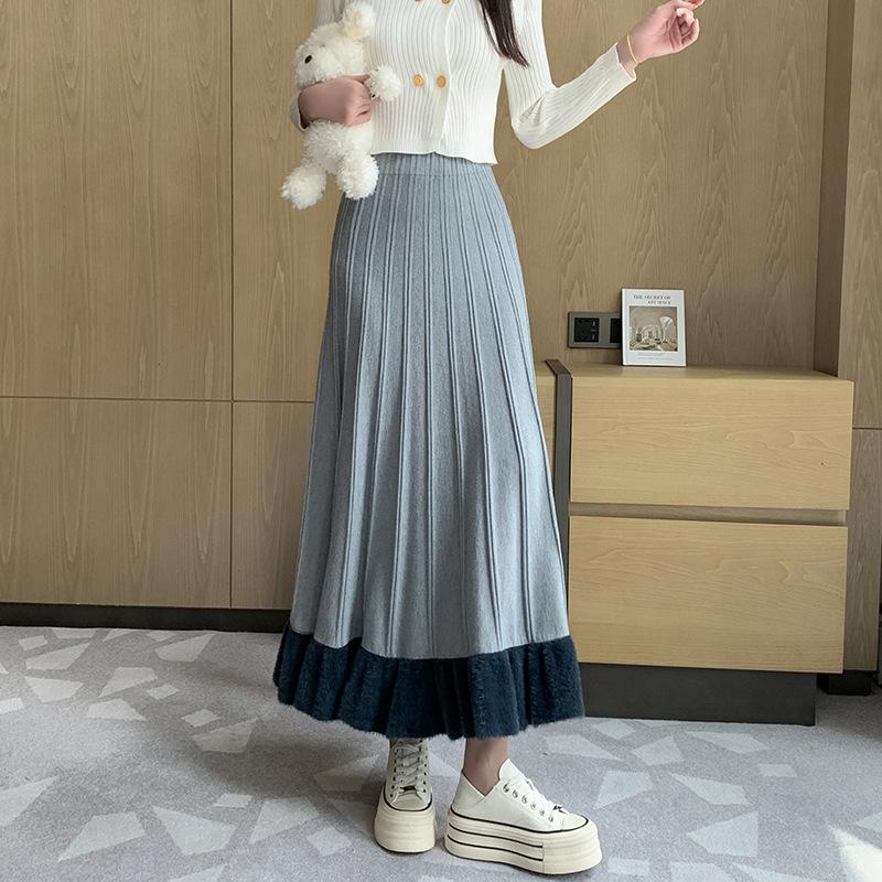 

Свободная трикотажная юбка полудлины для женщин, осень-зима, новый милый стиль, А-силуэт, эластичная талии, плиссированная юбка, узкая шерстяная юбка, розовая, черная One Size серый