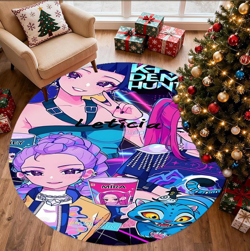 KPop Dämonenjäger Muster Runder Teppich, Innen-/Außenmatte, für Picknick, Spielzimmer, Schlafzimmer, Büro, Wohnzimmer, Heimdekor Teppich, Geburtstagsgeschenk