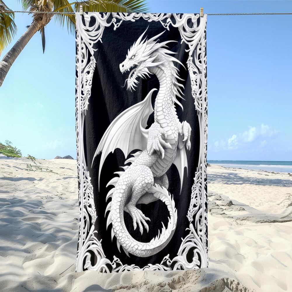 Gothic White Dragon Beach Towel Patterned Sunscreen And Windproof Suitable For Swimming Pool Camping Travel Blanket