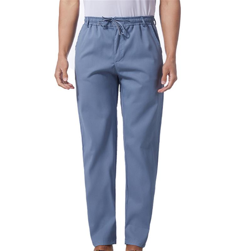 

Мужские однотонные хлопковые льняные брюки, свободные повседневные легкие брюки с эластичной резинкой на талии, мужские брюки с карманами S синий