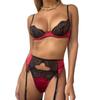 Sexy Dessous-Set, französische Spitze, ultradünn, 1/2 Tasse, Push-Up-BH, Strumpfband und T-Rücken, 3-teiliges Set für Damen, transparente Satin-Unterwäsche