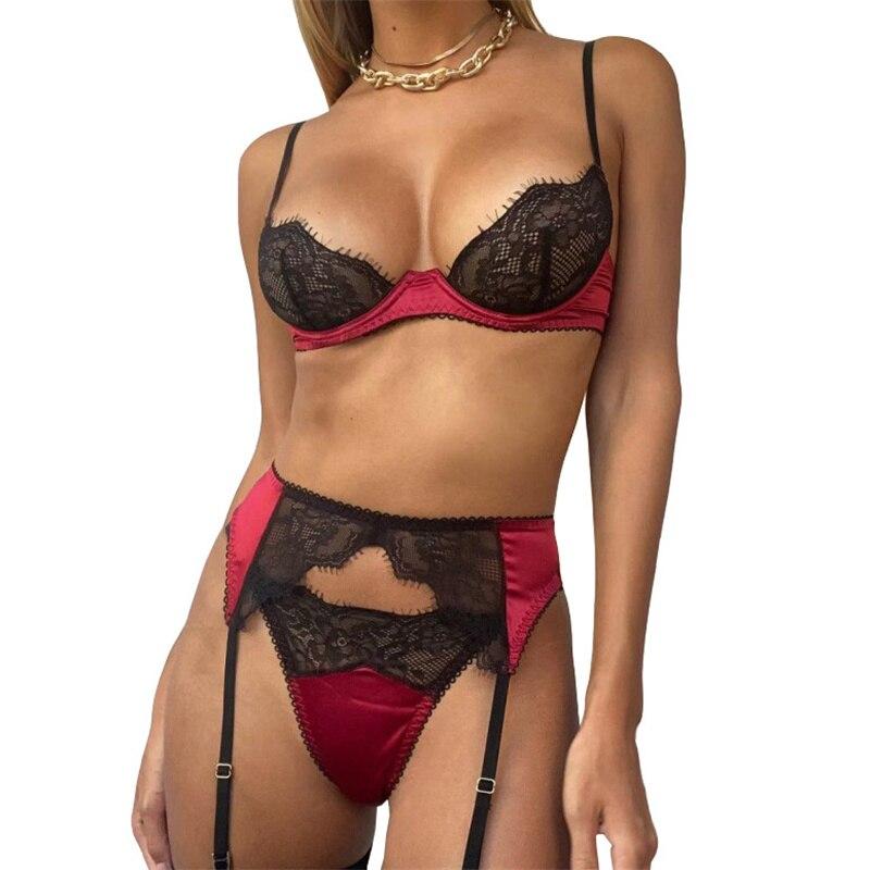 Sexy Dessous-Set, französische Spitze, ultradünn, 1/2 Tasse, Push-Up-BH, Strumpfband und T-Rücken, 3-teiliges Set für Damen, transparente Satin-Unterwäsche