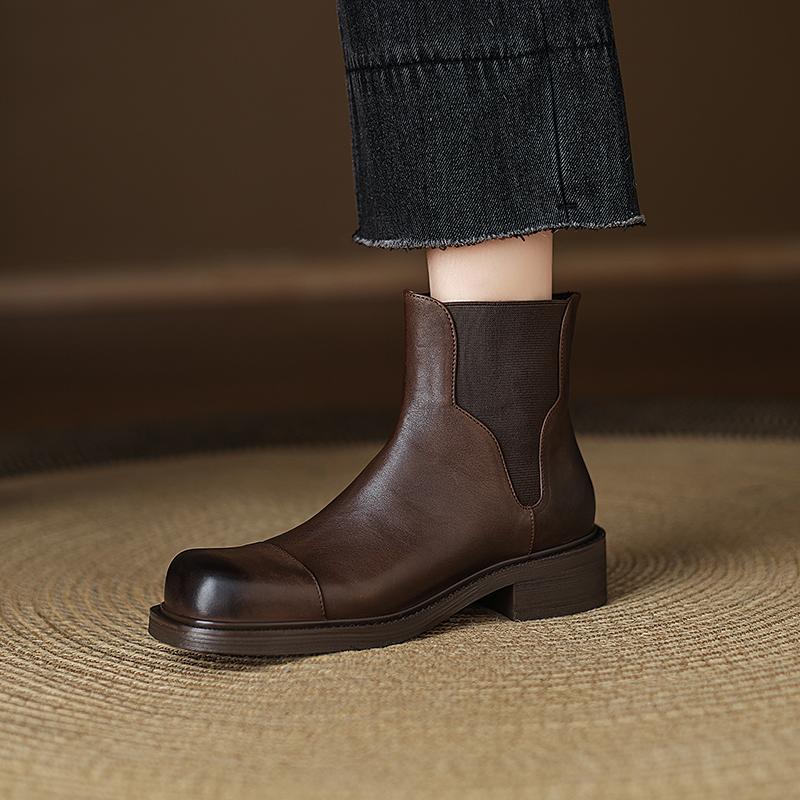 Fashion 2025 New Genuine Leather Retro Boots Women Round Toe Chunky Low Heels Elastic Band Ankle Boots Autumn Western Boots Lady Shoes