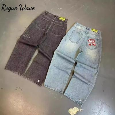 RogueWave Y2K Harajuku Hip Hop Graphic Oversized Retro Blue Baggy Jeans New High Waist Wide Leg Trouser