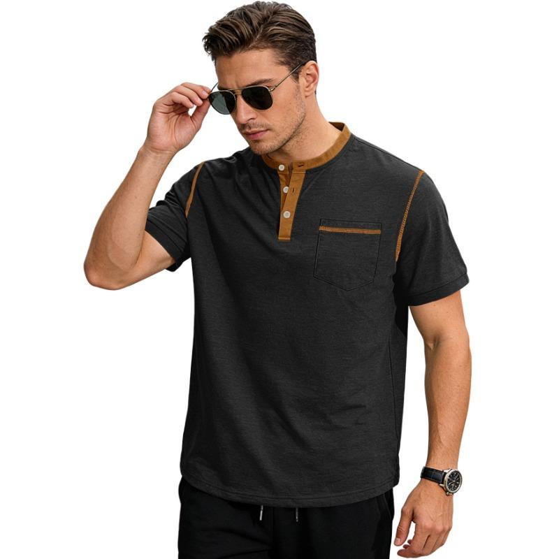 Men Color Block Henley Neck Pocket Short Sleeve T Shirt Casual Contrast Trim Top for Men S