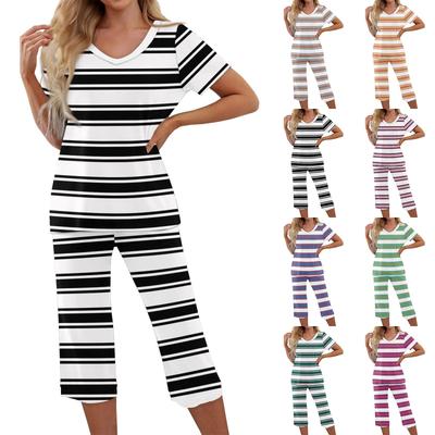 Ensembles 2 Pièces Pour Femmes Haut à Manches Courtes et Pantalon avec Poches Ensembles Doux à Rayures pour le Sport