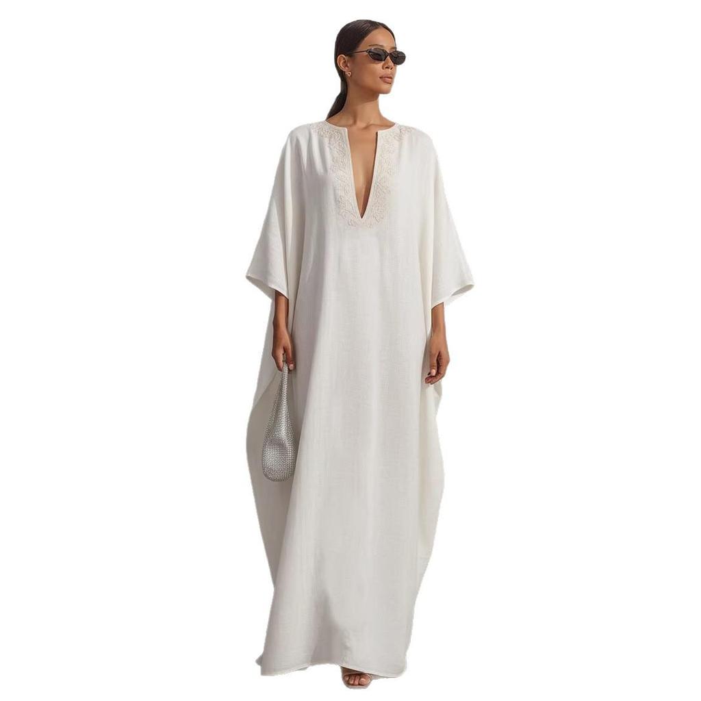 European and American V-Neck Loose Long Robe: Elegant Women's Kaftan Dress with New Style Print
