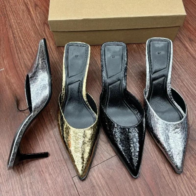 Summer Pointed High Heels Sandals for Ladies Brand Designer Sexy Outdoor Shiny Leather Party Dress Women Mules Shoes Wholesale