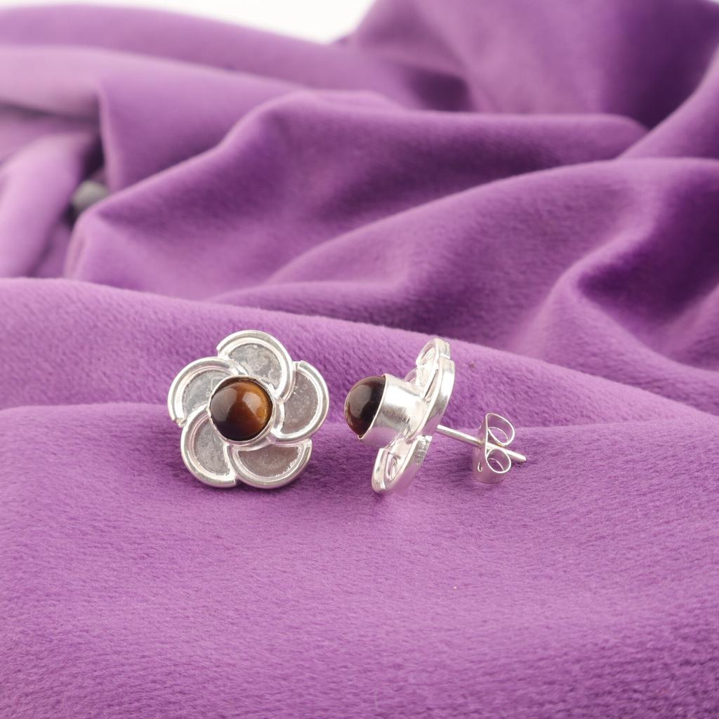 Round Yellow Tiger Eye Stone Sterling Silver Stud Sisters Gift Earrings Jewelry EE-157-30