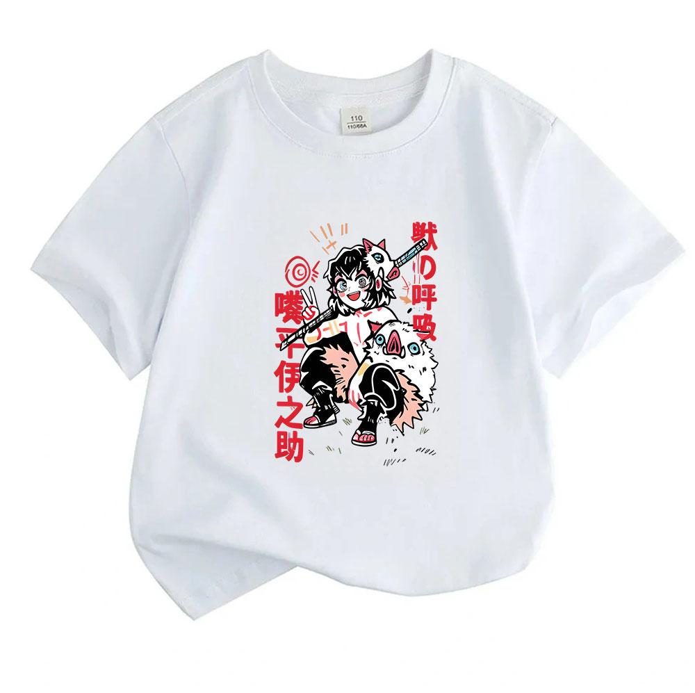 Kids Boys Girls 100% Cotton Crew Neck Short Sleeve T-Shirt, Cute Anime Character Print Casual Summer Tees for Cartoon Demon Slayer Fans Daily Wear Out