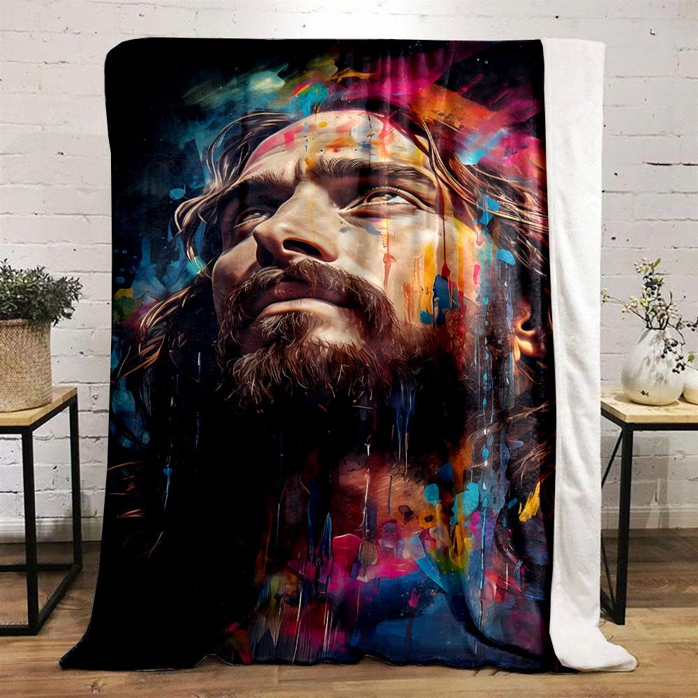 Jesus Portrait Colorful Art Blanket Bedroom Blanket for Livingroom Couch Lunch Break Soft Throw for Friend's Festival Gift