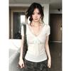Summer lace splicing straps V-neck front shoulder short-sleeved T-shirt fashionable foreign style slim fit pure desire style versatile top ins