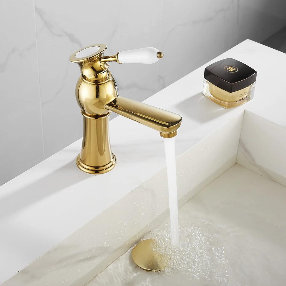 Basin Mixer Tap Gold Bathroom Sink Facuet Single Handle Hot and Cold Water Hoses Modern Bathroom Washroom Cloakroom Faucet