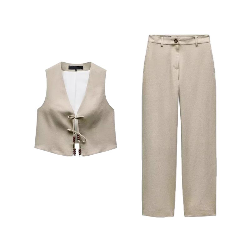 Spring and Summer New Women's Clothing Beaded Bows Linen Blended Vest 8222939 Wide Leg Pants 8017939