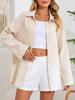 Women's Relaxed Fit Textured Button-Up Shirt with Roll-Up Sleeves and Curved Hem - Lightweight Casual Summer Vacation Blouse.