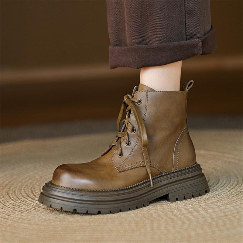 Fashion New Autumn/winter Genuine Leather Women Boots Round Toe Platform Shoes for Women Fashion Boots Mid Heels Lace Work Boots