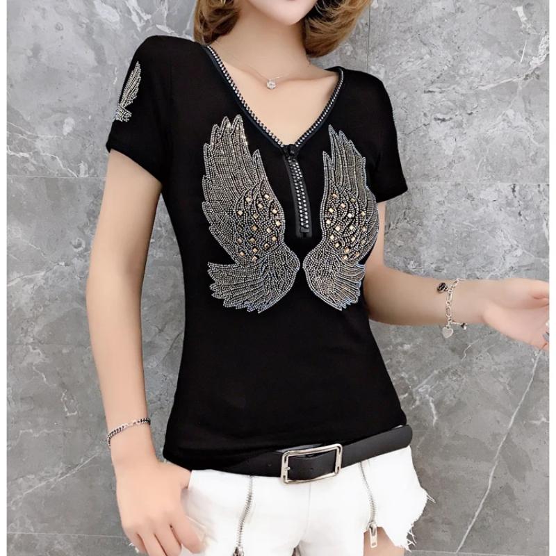 Streetwear Hip Hop Short Sleeve Wing T Shirt Women V Neck Zipper Sexy Diamonds Casual Tees Femme Diamonds Cotton Girl T-shirt Tops