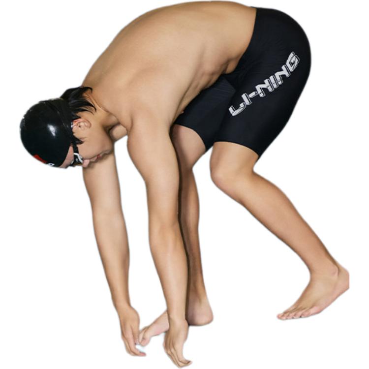 Li Ning Swimming Series Letter Mid Waist Straight Leg Swim Shorts Men swimwear Black ASLT087-1