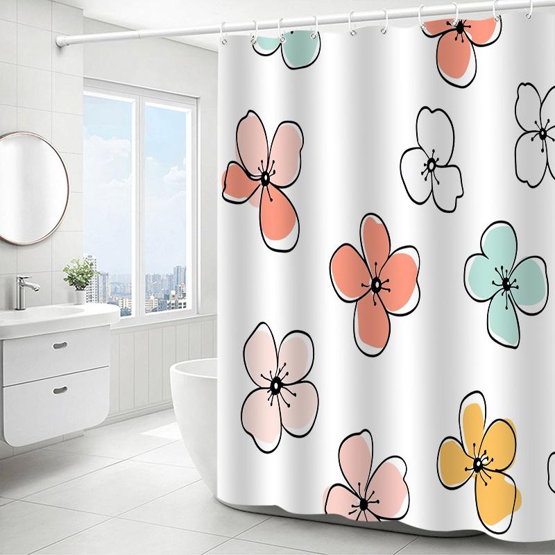 Floral Pattern Shower Curtain - Polyester Woven, Machine Washable, Includes 12 Hooks, All-Season Home Decor, Bathroom Partition