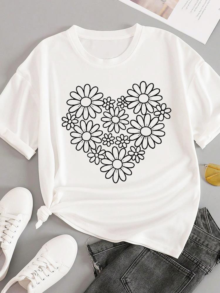 (Asian Size) T-shirts Fashion O-neck Female Casual Women's Top T Clothing Love Heart Style Print Short Sleeve Graphic Tee