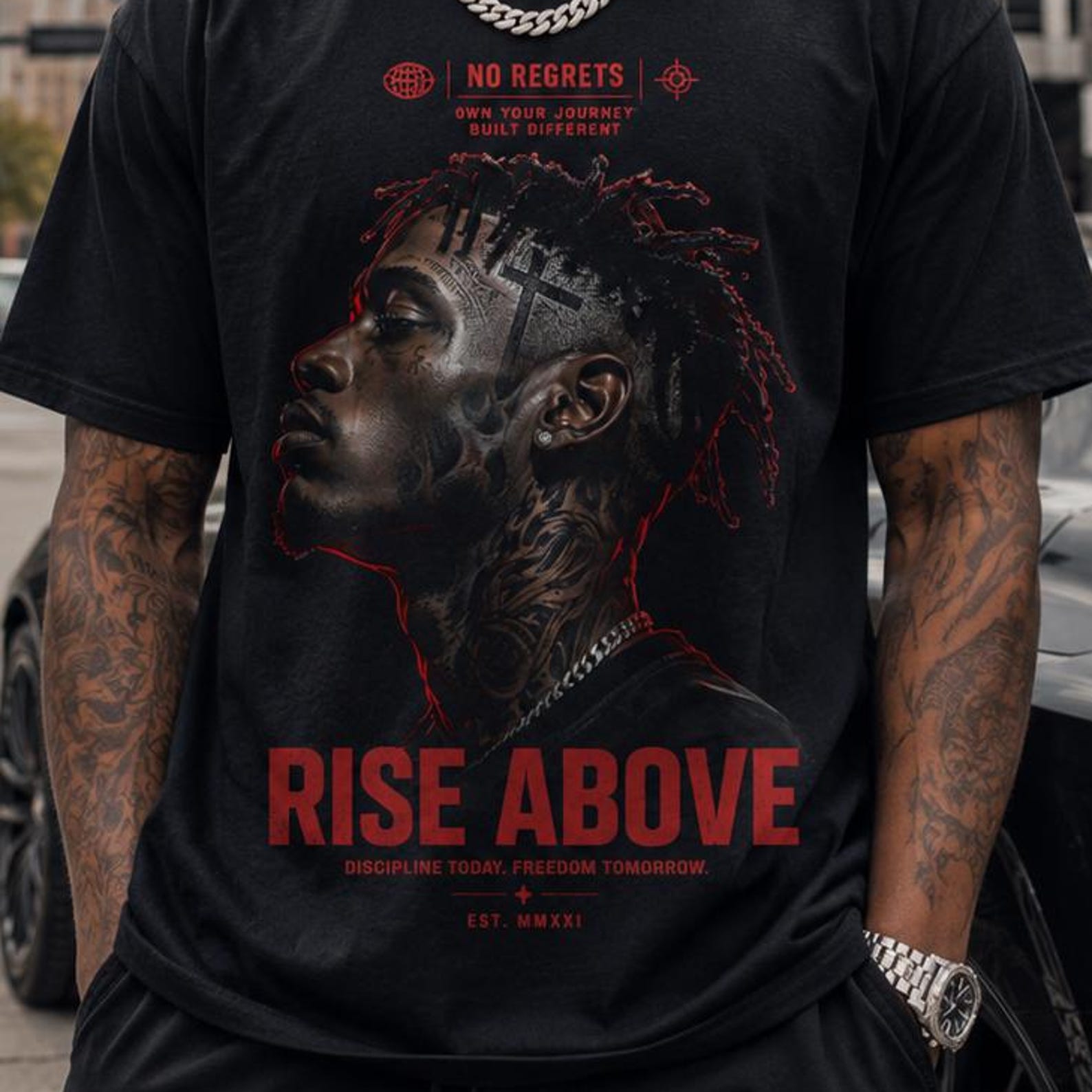 Rise Above Motivational T-Shirt, Hustle Mindset Streetwear Tee, Discipline Over Excuses Graphic Shirt, Urban Fashion Gift L