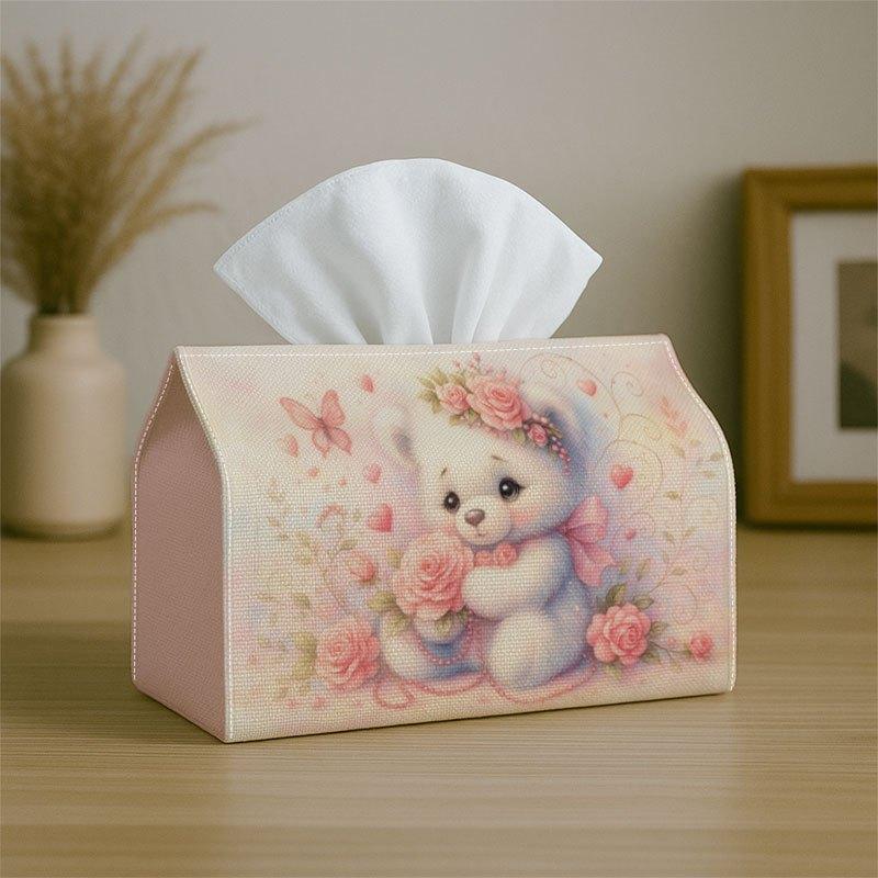 2D Flat 1pc Adorable Pastel Artwork Tissue Holder - Teddy Bear Floral Design, Strong Material for Kitchen, Living Room, Bedroom, Vehicle for Home & Ce