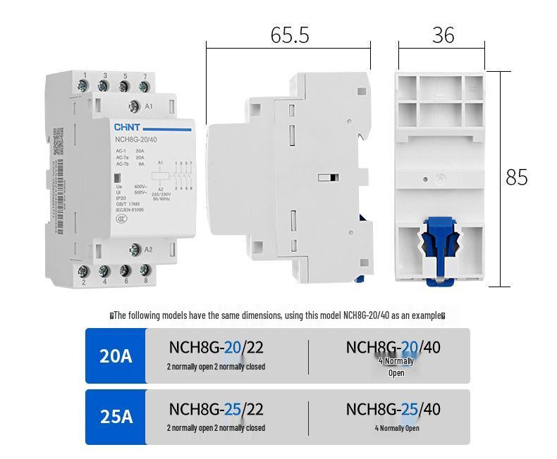 Zhengtai NCH8G AC Contactor: 2P Rail 4P, 220V Single-Phase, 20A/25A/40A/63A, Quiet Operation