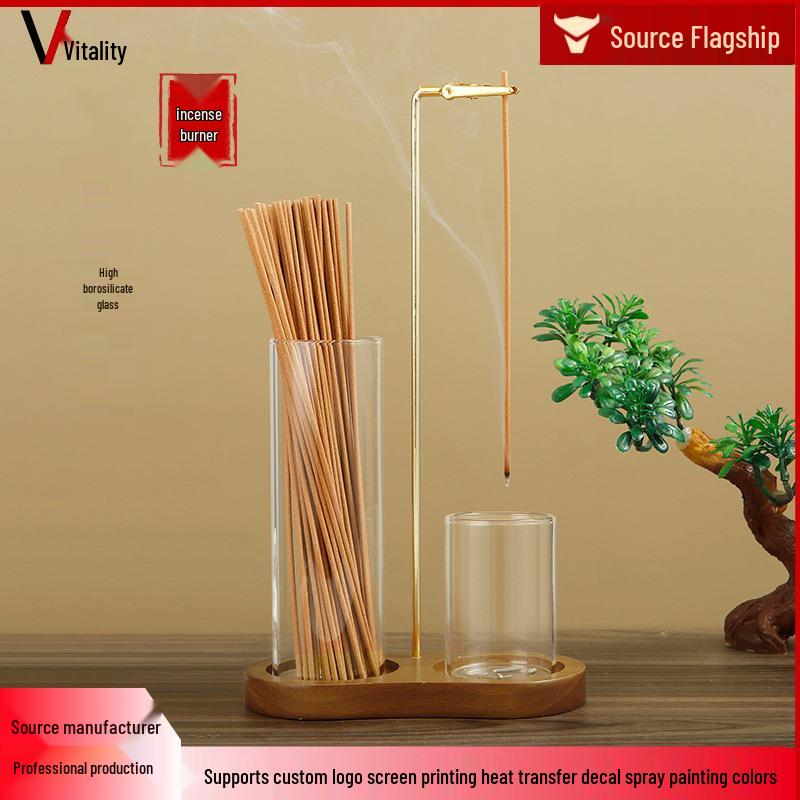 Figure-8 Bamboo Incense Holder with Glass Tube and Metal Clip Zen Burner