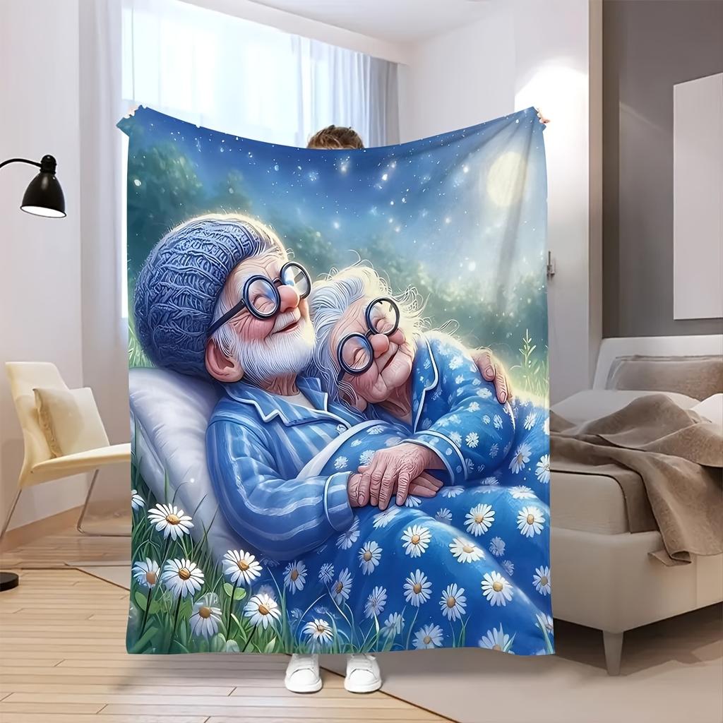 1 Valentine's Day "Love You to the Moon and Back" Flannel Throw Blanket with Elderly Couple Design - Soft, Warm, All-Season Comf