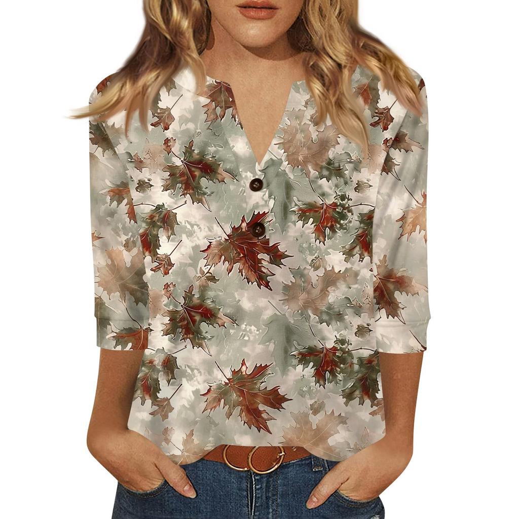 Women's T Shirt Print Button 3/4 Sleeve Daily Weekend Fashion Basic V- Neck Regular Top