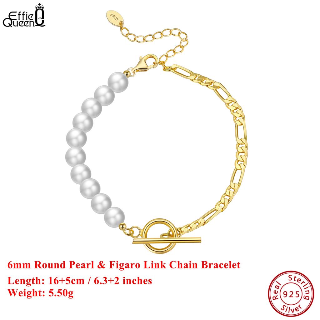 EFFIE QUEEN S925 Silber 14k Gold Rund Geformte Perlenkettenarmband Plus Figaro-Gliederkette Einfacher Schmuck für Damen Bankett GPB06