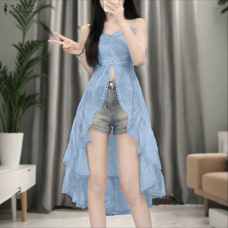 ZANZEA Women Casual Sleeveless High Low Hem Ruffles Straps Tank Tops Camisoles