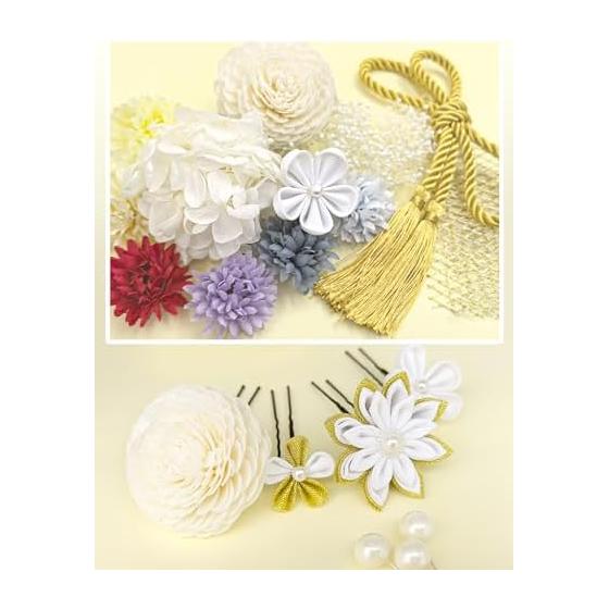 Doscpe 26-Piece Luxury Hair Accessory Set for Formal Occasions - Tsumami Zaiku, Sola Flower, Mizuhiki, Gold Leaf, Kimono, Hakama, Wedding,