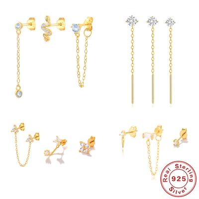 925 Sterling Silver Earrings 3-Piece Set Stud Earrings Combination Set Fringed Chain Classic Element Ear Buckle Earphone