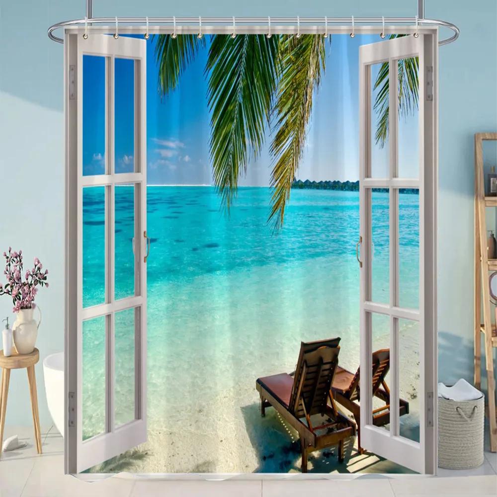 Simulation Window Beach Forest Outdoor Shower Curtain Tropical Seaside Landscape Bohemian Cloth Hanging Curtains Bathroom Decor