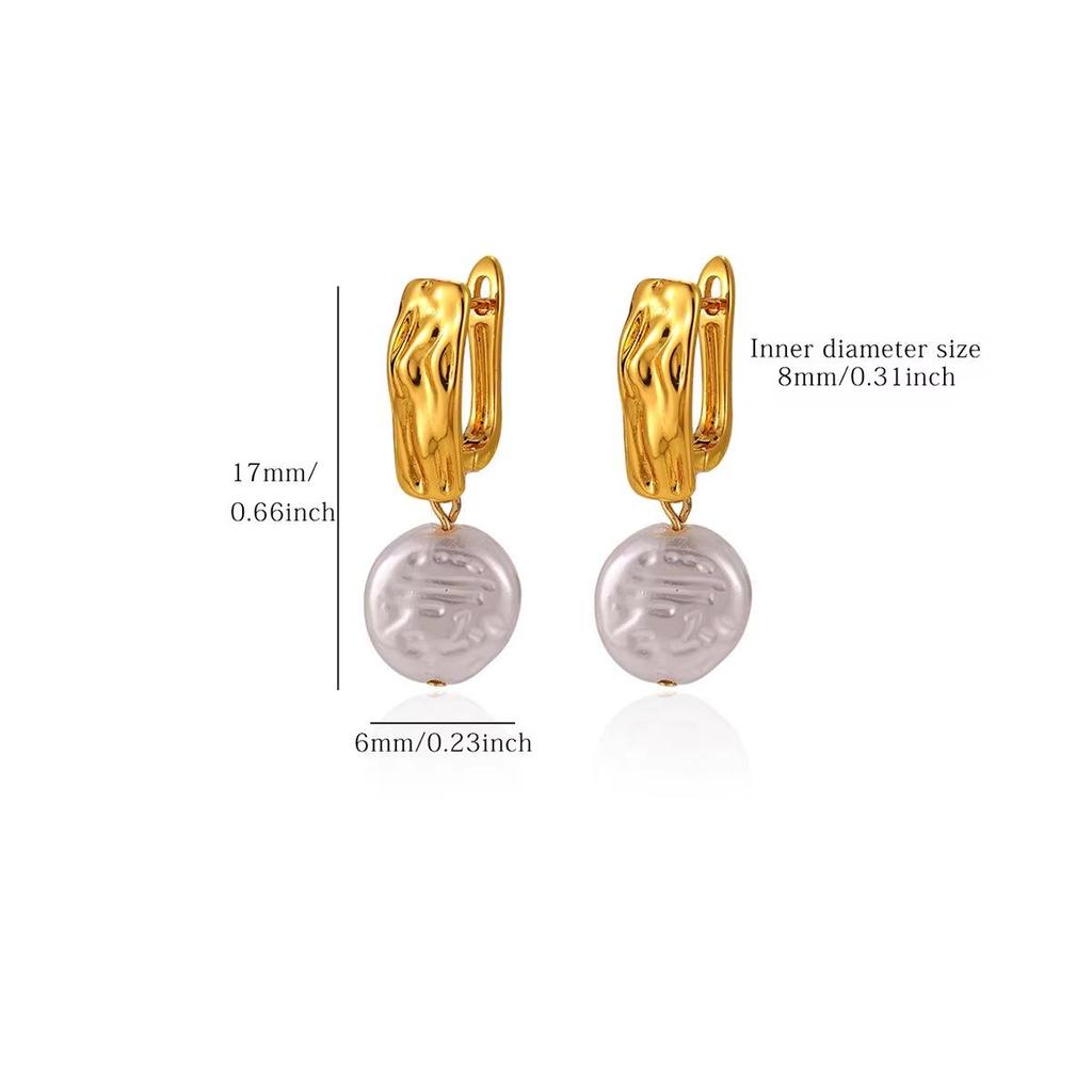 Cross Retro Pearl Temperament Earrings - 18K Gold Plated Stainless Steel with Diamond Inlaid Mother-of-Pearl Heart Bow Design