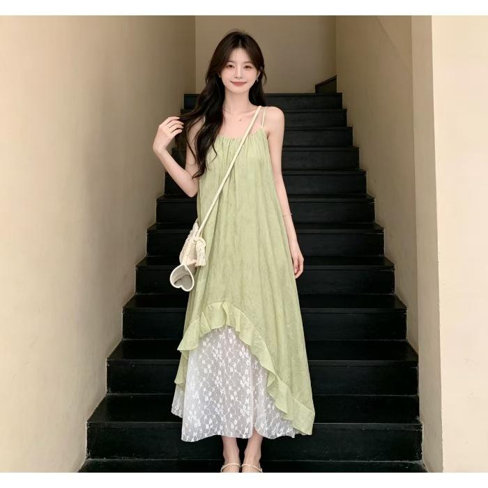 French Nian Summer Splicing New Seaside Suspender Holiday Temperament Irregular Dress Skirt