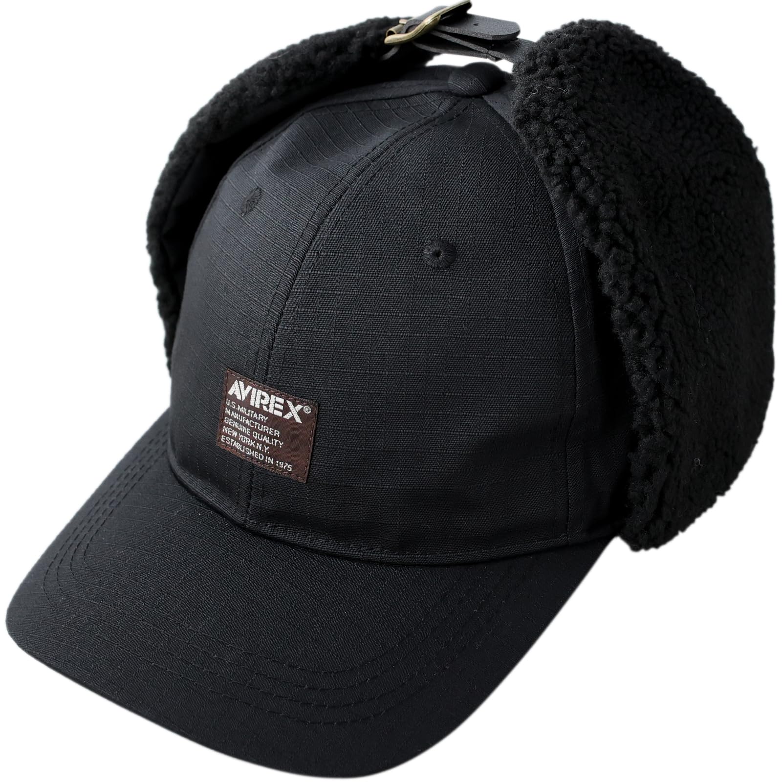 

[AVIREX] Ripstop Flight Cap – Men’s Military Bomber Aviator Hat with Ear Flaps, Fleece-Lined Pilot Cap (Black, Fall/Winter)